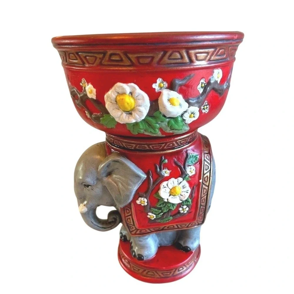 Vintage Ceramic Elephant Planter Red Floral Decorative Tabletop Accent 1970s Pot
